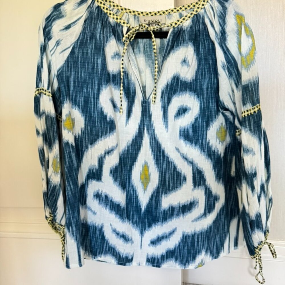 D'ASCOLI COTTON BLOUSE - SIZE M - INDIGO, WHITE AND GOLD